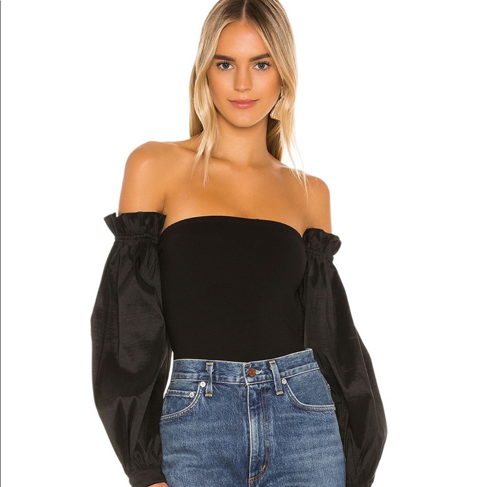 MAJORELLE Black Off-Shoulder Bodysuit with Balloon Sleeves